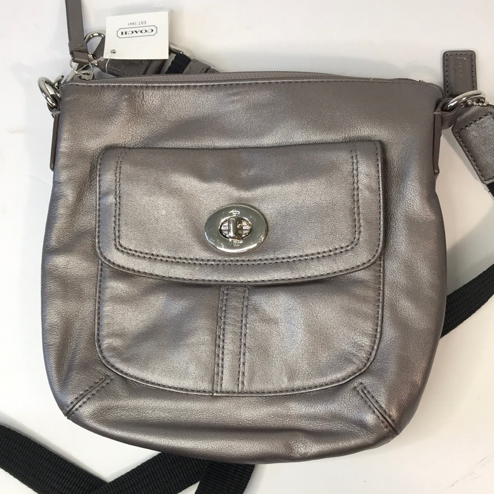 New COACH Metallic Silver Leather Cross Body Bag